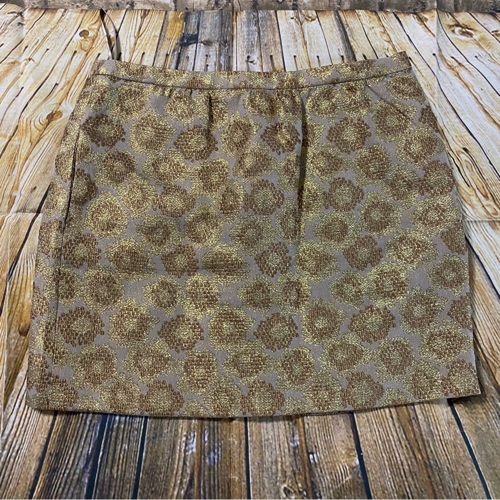 J Crew Gold Jacquard Metallic Lined Mini Skirt Silk Blend Pockets